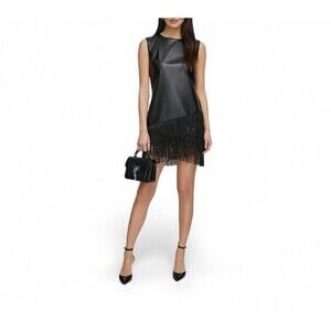 DKNY New Years Mini Dress Leather Shimmer Fringe-trim Sleeveless Size 6 NWT $139